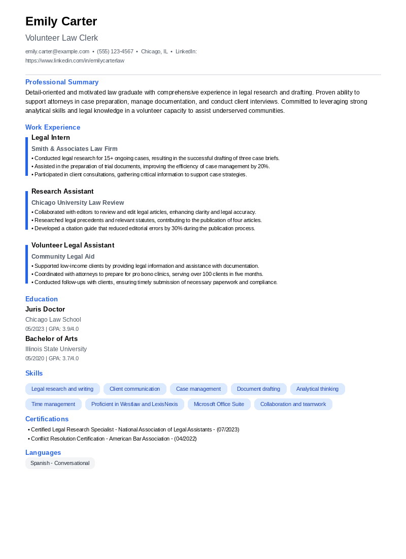 Volunteer Law Clerk Resume Example