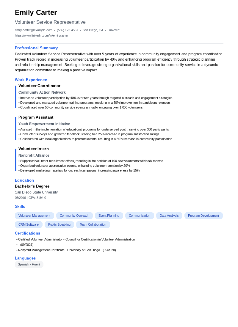 Volunteer Service Representative Resume Example