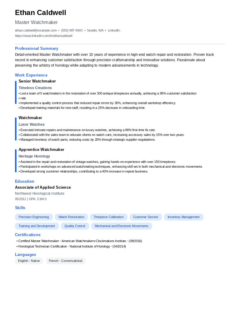 Watchmaker Resume Example