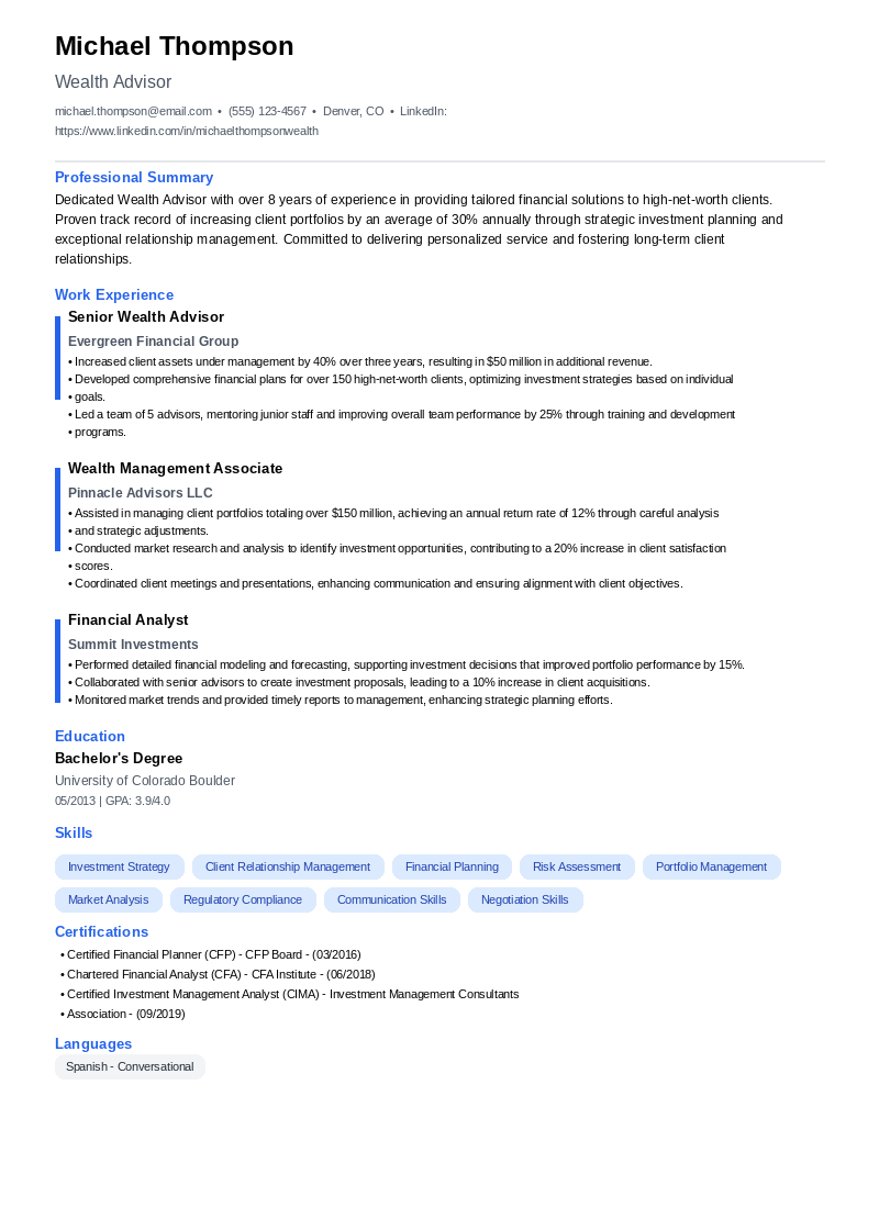 Wealth Advisor Resume Example
