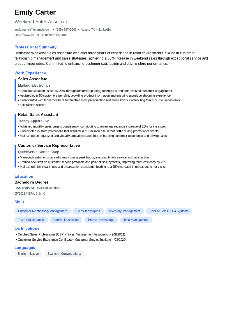 Weekend Sales Associate Resume Example