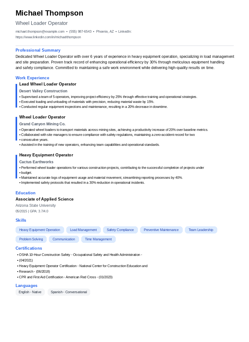 Wheel Loader Operator Resume Example