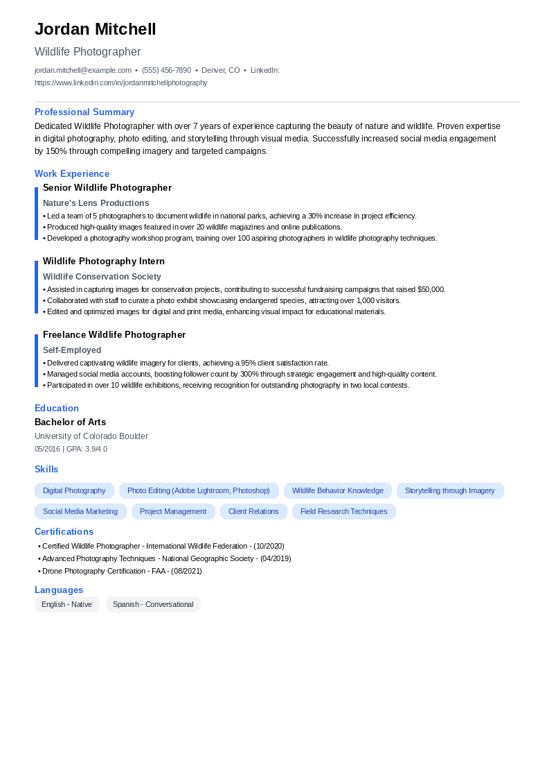 Wildlife Photographer Resume Example