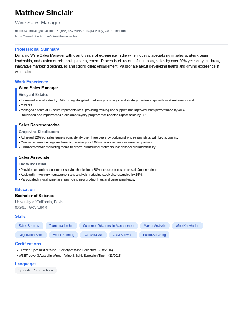 Wine Sales Manager Resume Example