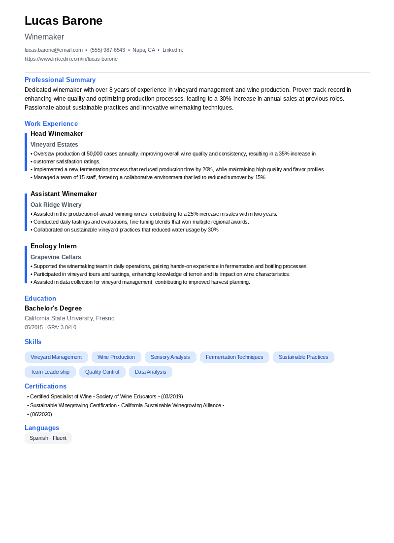 Winemaker Resume Example