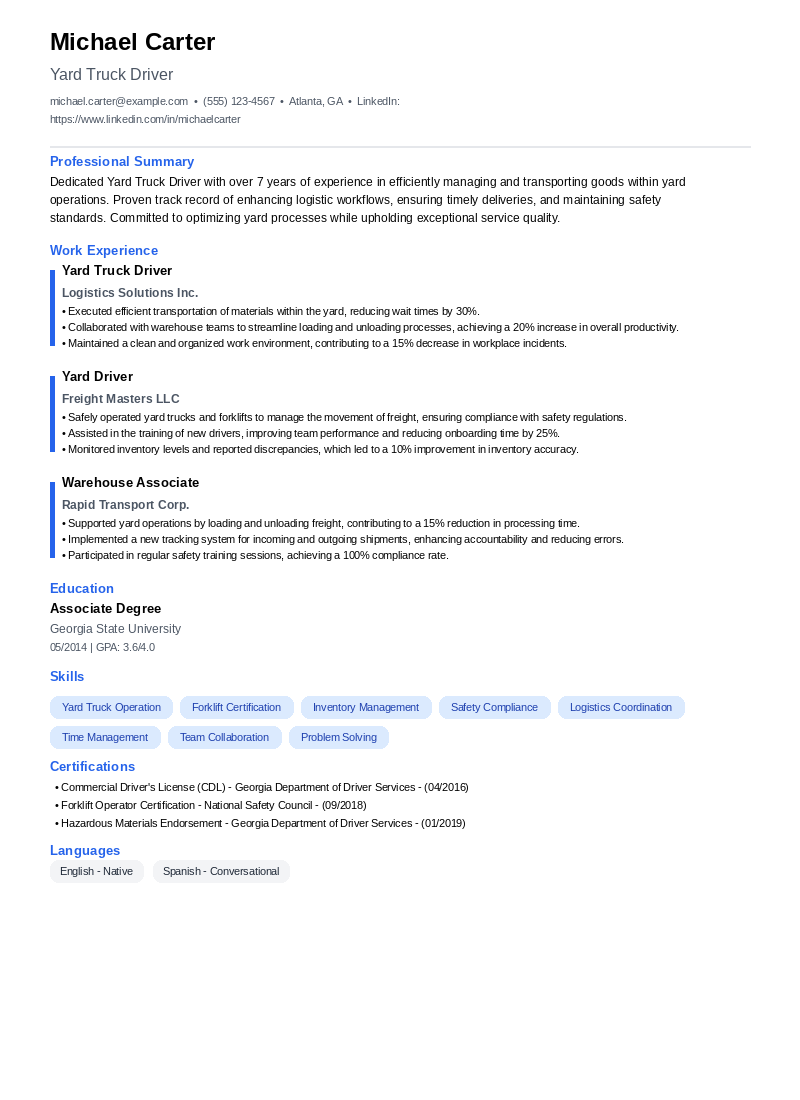 Yard Truck Driver Resume Example