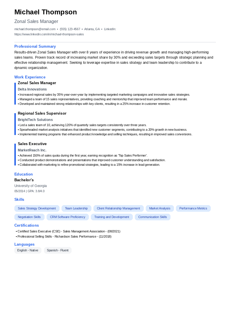Zonal Sales Manager Resume Example