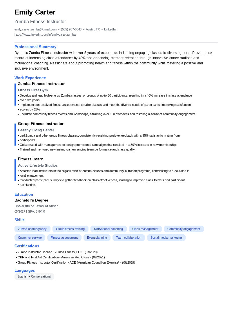 Zumba Fitness Instructor Resume Example